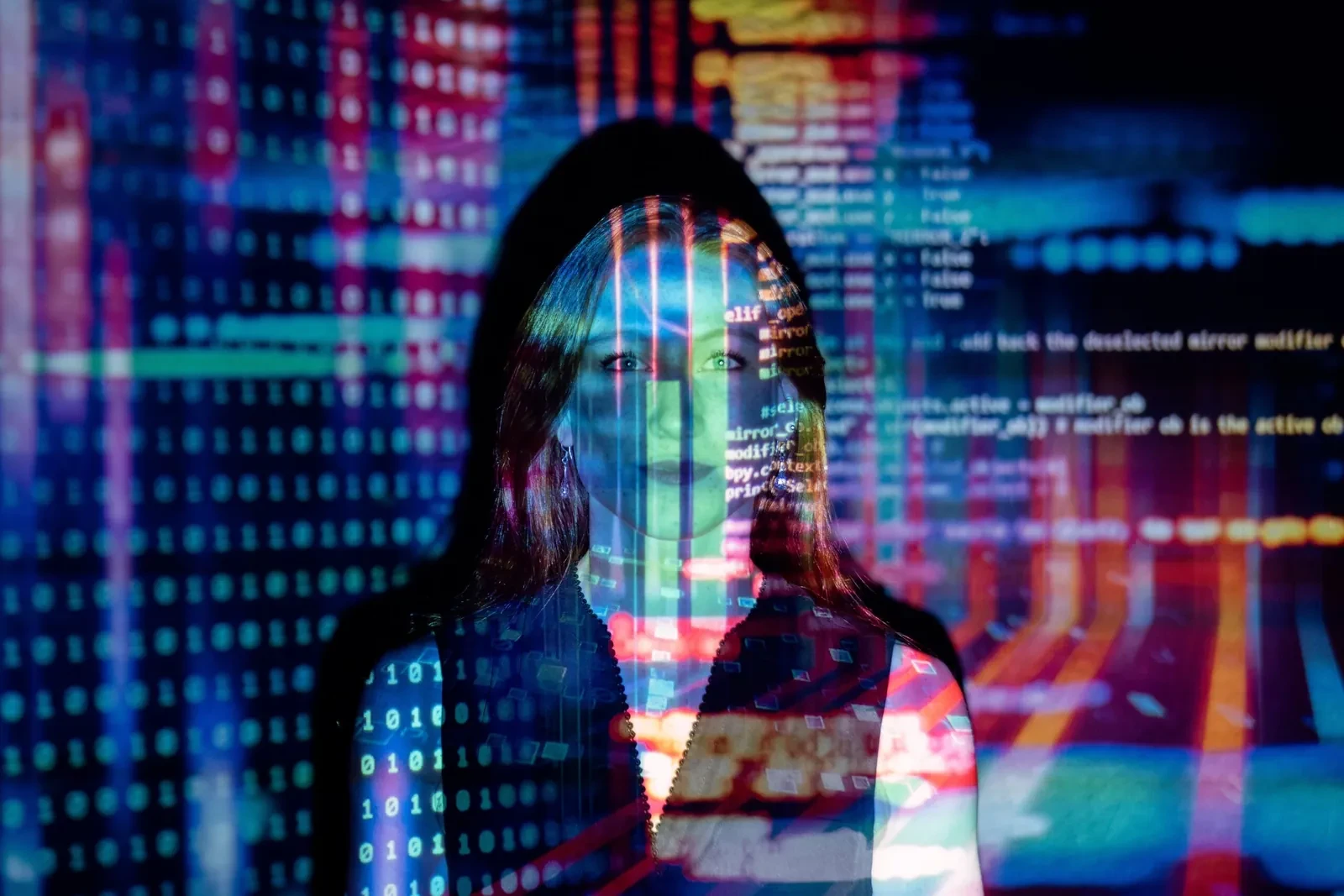 person with computer screen code over their face, artsy geek photo